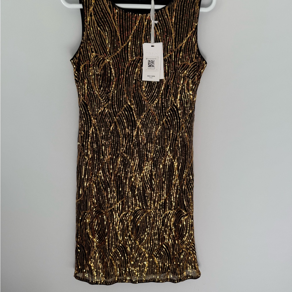 Grace Karin Black and Gold Sequin Mini Dress with Black overlay